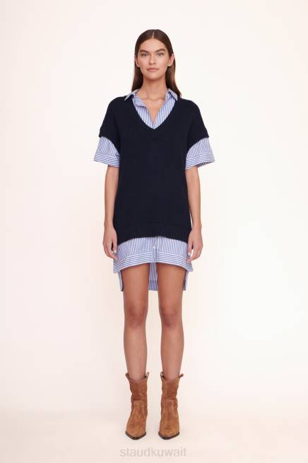 STAUD 42R0273 فستان بريدجيت نحيف شريط أبيض أزرق كحلي ملابس